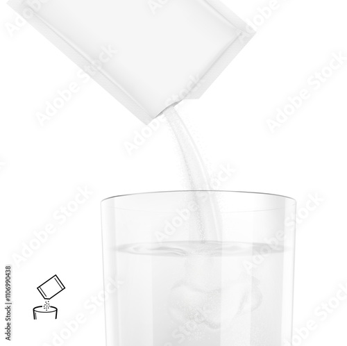 Sachet packaging pouring powder product in clear glass with liquid. Vector illustration isolated on a white background. Ready for use in presentation, promo, advertising and more. EPS10.