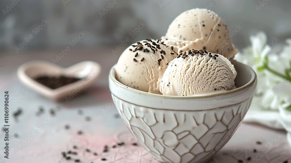 sesame ice cream in a modern geometric bowl with heart shaped backdrop sesame ice cream in a modern geometric bowl with heart shaped backdrop