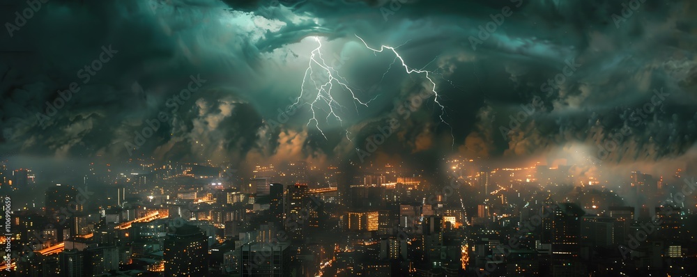 Night Cityscape Illuminated by Dramatic Lightning Storm Night Cityscape Illuminated by Dramatic Lightning Storm