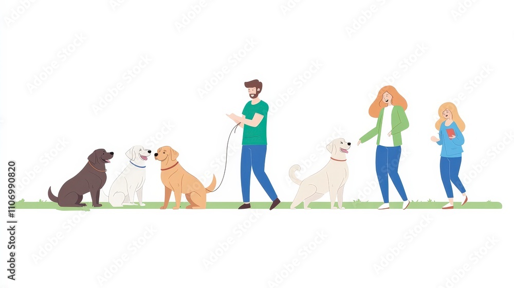 Happy People Walking Dogs in a Park with Friends and Family Happy People Walking Dogs in a Park with Friends and Family