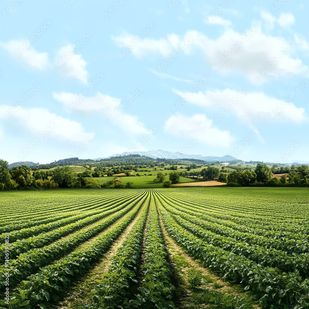 Lush green fields under a blue sky with fluffy clouds in the background. Lush green fields under a blue sky with fluffy clouds in the background.
