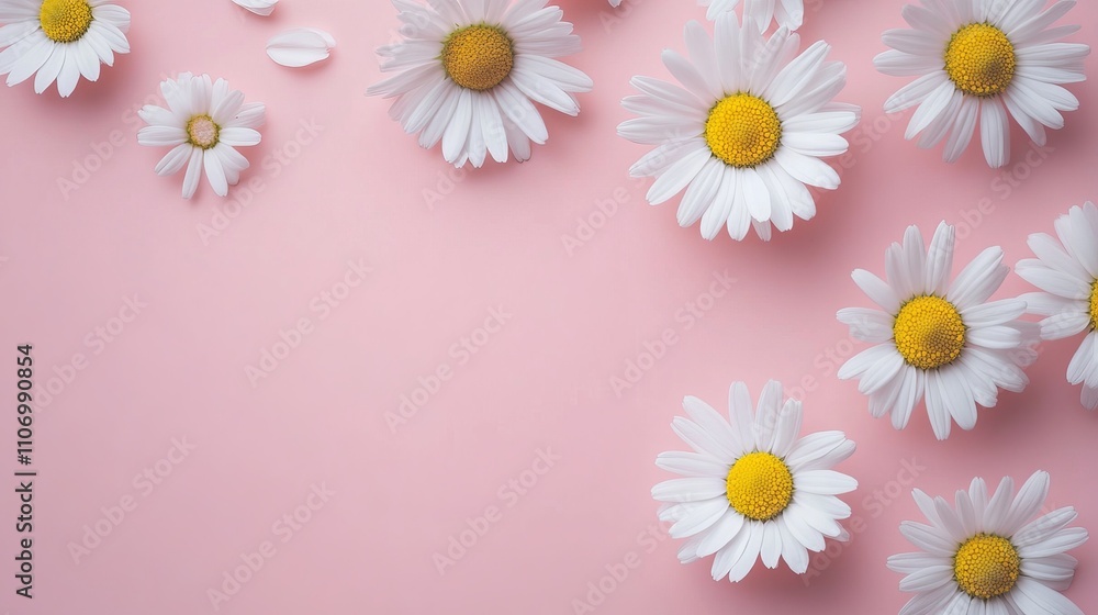 Obraz premium Minimalist flat lay of white daisy chamomile flowers on pale pink background with copy space—creative summer and spring lifestyle concept