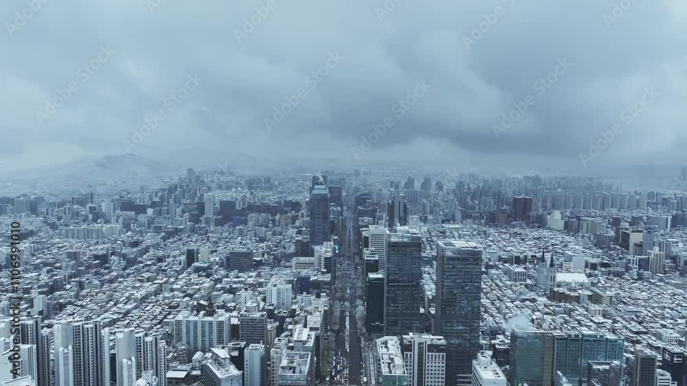 Aerial View of Seoul city in South Korea, Gangnam financial district, Winter, Snow Aerial View of Seoul city in South Korea, Gangnam financial district, Winter, Snow