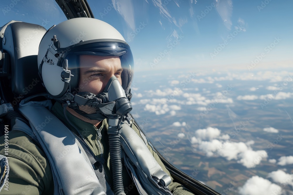 Pilot Focused on Navigation in Cockpit High Above the Clouds, Capturing the Essence of Aviation, Adventure, and the Thrill of Flight in Clear Blue Sky Pilot Focused on Navigation in Cockpit High Above the Clouds, Capturing the Essence of Aviation, Adventure, and the Thrill of Flight in Clear Blue Sky