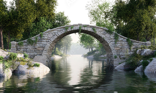 A river with a stone arch bridge, historical theme, classic style, natural tones, isolated on white background 