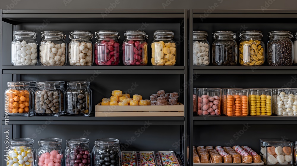 Colorful Close-Up Shot of Shelves in a Candy Shop Showcasing a Variety of Jars Filled with Sweets and Treats for an Inviting and Bright Atmosphere Colorful Close-Up Shot of Shelves in a Candy Shop Showcasing a Variety of Jars Filled with Sweets and Treats for an Inviting and Bright Atmosphere