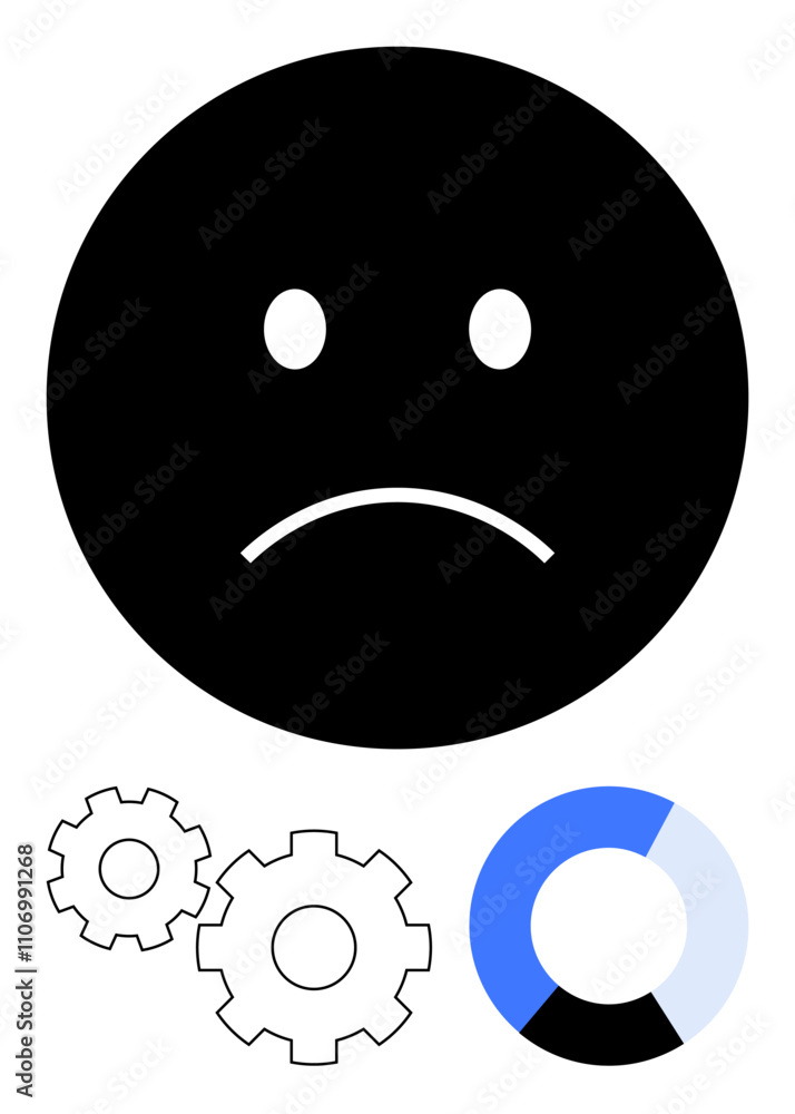 Fototapeta premium Sad face emotion above two black-and-white gears and blue-colored pie chart segment. Ideal for expressing technical issues, software bugs, system performance, user dissatisfaction, productivity, data