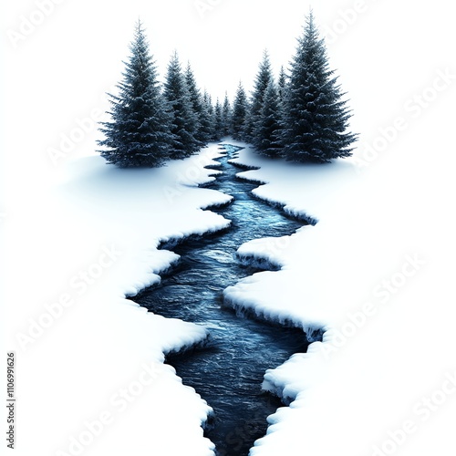 Snowy landscape with a winding stream and evergreen trees, white isolated background. photo