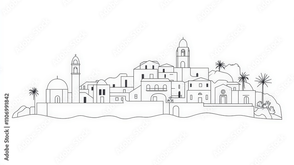 Scenic Line Art of a Coastal Village with Palm Trees and Buildings Scenic Line Art of a Coastal Village with Palm Trees and Buildings