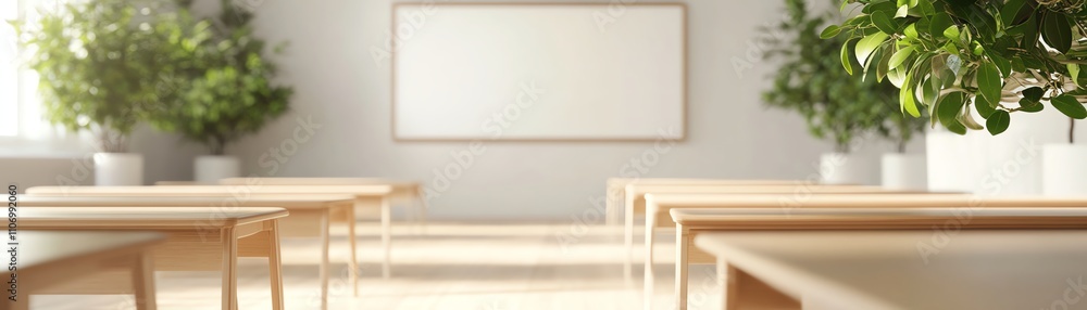Modern classroom setting with desks and plants, bright and inviting atmosphere. Modern classroom setting with desks and plants, bright and inviting atmosphere.