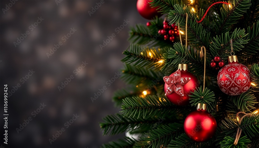 A festive fir tree adorned with glittering red and gold ornaments, twinkling lights, and a sparkling star, ready to celebrate the holiday season A festive fir tree adorned with glittering red and gold ornaments, twinkling lights, and a sparkling star, ready to celebrate the holiday season