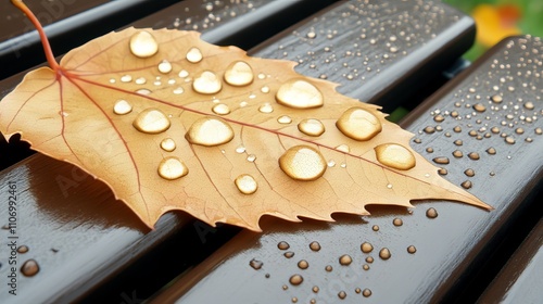 Raindrops on autumn leaf on wooden bench close-up photo