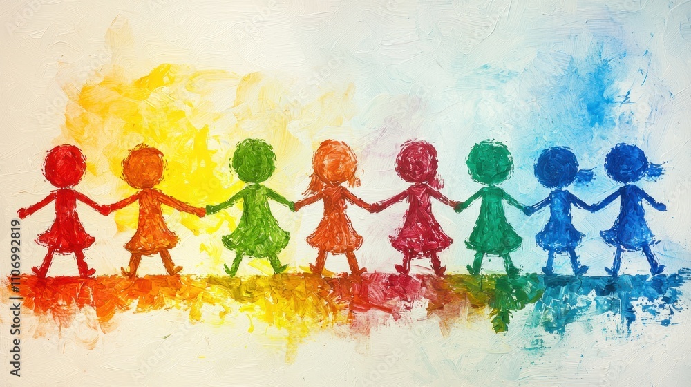 Fototapeta premium Colorful Painted Stick Figure People Holding Hands in a Line
