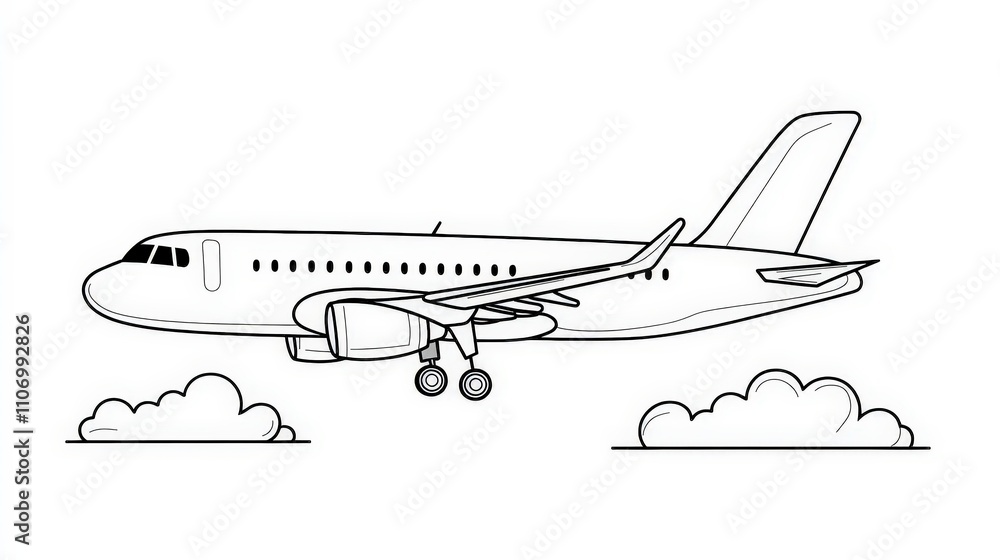 Cartoon Style Airplane Flying in the Sky with Clouds Illustration