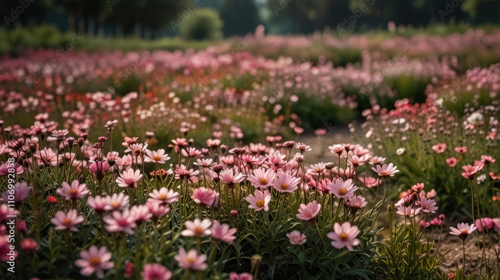 Vibrant pink flowers bloom in a vast field, bathed in soft sunlight. Vibrant pink flowers bloom in a vast field, bathed in soft sunlight.