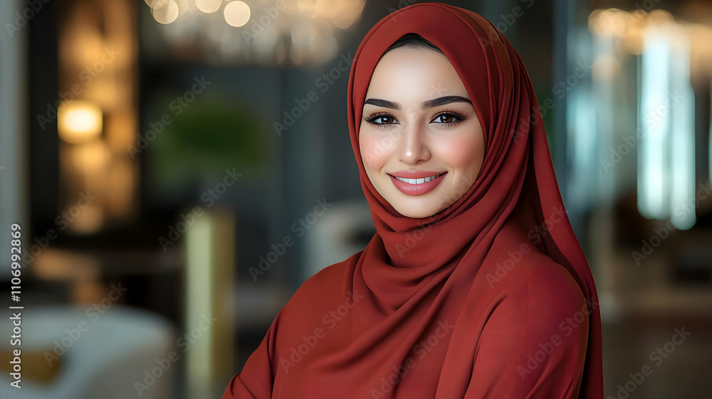 Woman in Hijab Smiles Confidently, Modern Muslim Fashion, Elegant Style Woman in Hijab Smiles Confidently, Modern Muslim Fashion, Elegant Style
