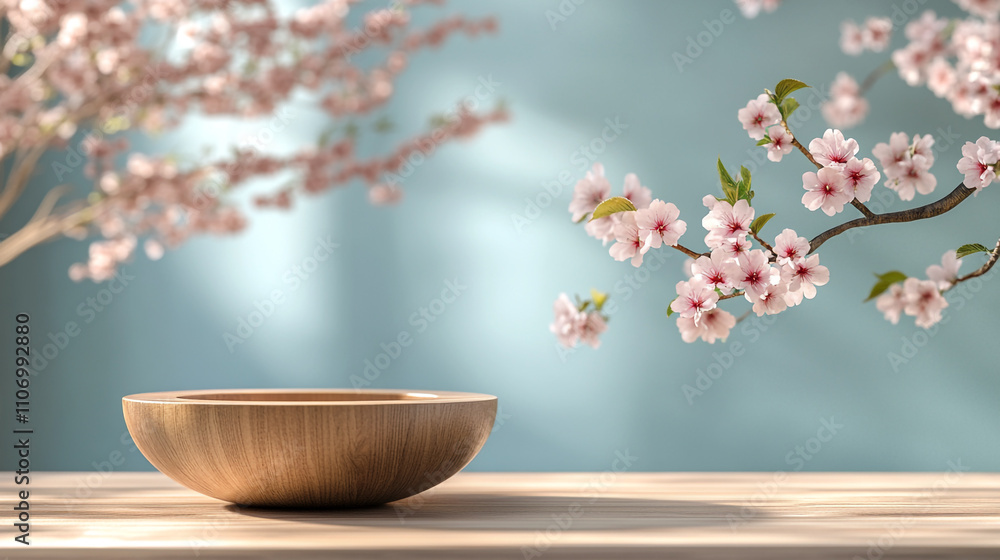 Cherry blossoms frame a wooden bowl on a rustic table in a serene setting Cherry blossoms frame a wooden bowl on a rustic table in a serene setting