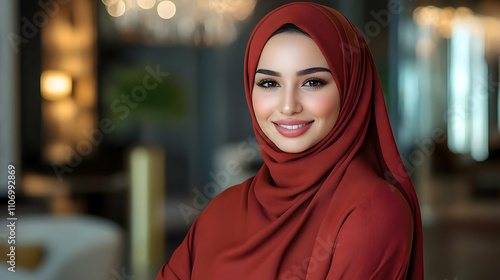 Woman in Hijab Smiles Confidently, Modern Muslim Fashion, Elegant Style