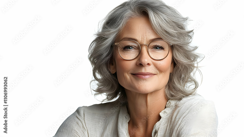 Obraz premium Mature Woman Smiles, Glasses, Gray Hair: Aging Gracefully
