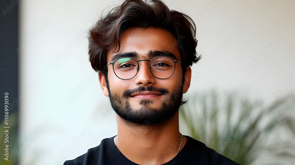 Obraz premium Young Man with Glasses Smiles Calmly Outdoors