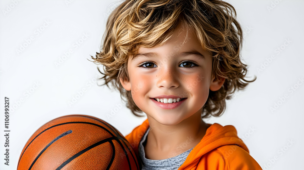 Smiling Boy Holds Basketball; Youth Sports Joy Smiling Boy Holds Basketball; Youth Sports Joy