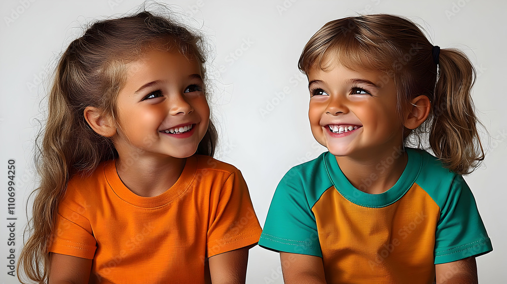 Happy Kids Smiling Joyfully, Wearing Bright T-Shirts Outdoors Happy Kids Smiling Joyfully, Wearing Bright T-Shirts Outdoors