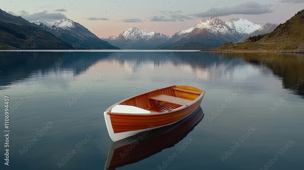 Quiet mountain lake at dusk with drifting boat and snow-capped peaks Quiet mountain lake at dusk with drifting boat and snow-capped peaks