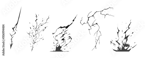 Lightning strike bolt silhouettes sequence vector illustration. Black thunderbolts and zippers are natural phenomena isolated on a dark background. Thunderstorm electric effect of light shining flash.