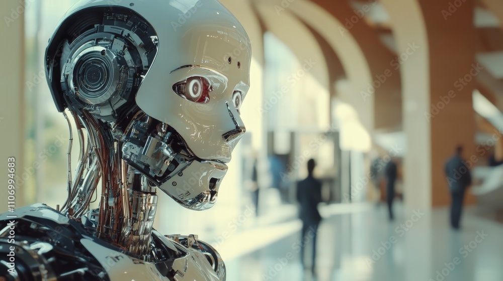 Fototapeta premium Humanoid AI robot giving a tour of a tech exhibition