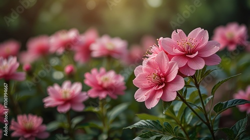 Pink flowers blooming in garden, sunlight.