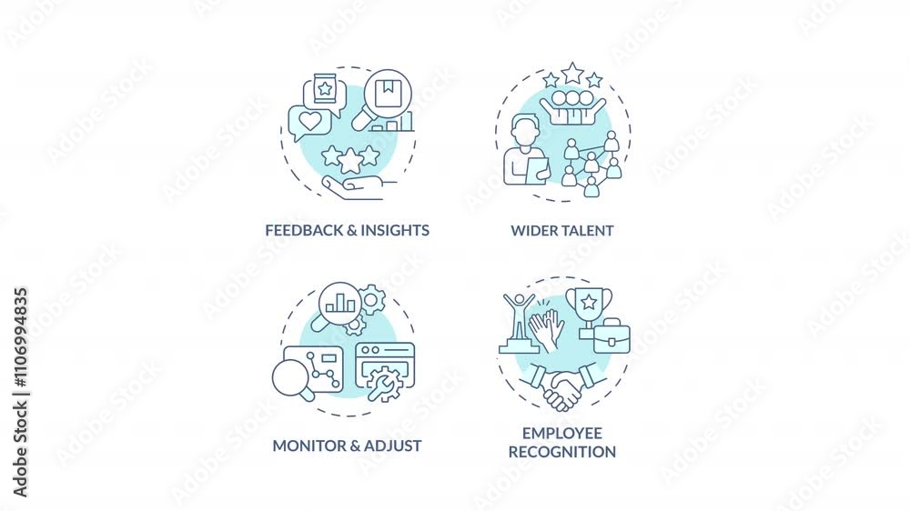 Workforce blue concept animations. Optimizing workflow. Talent acquisition. Cyan circular animated abstract idea. Round shape animated icons library. Collection of HD videos with alpha channel