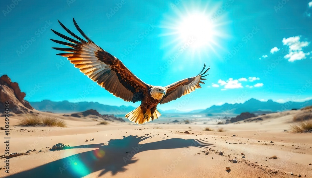 Naklejka premium Eagle Soaring Over Desert Under Bright Sun