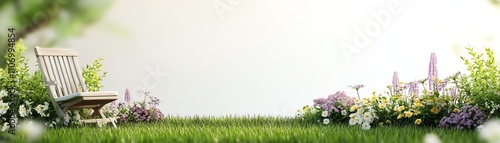 Sunlit garden scene with a wooden bench and vibrant flowers, peaceful outdoor retreat.