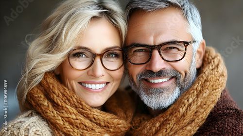 Couple Smiles, Wearing Glasses & Scarves, Winter Fashion