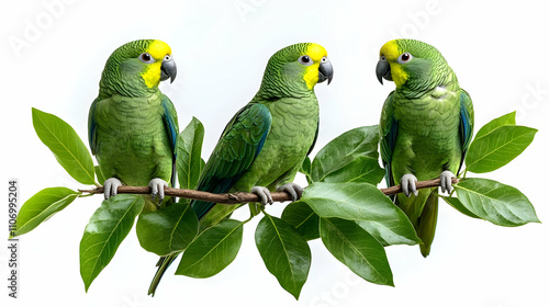 Three Green Parrots Perched...