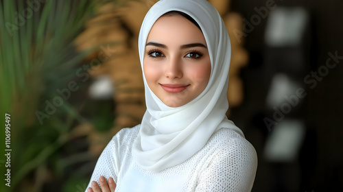Woman in White Hijab Smiles...