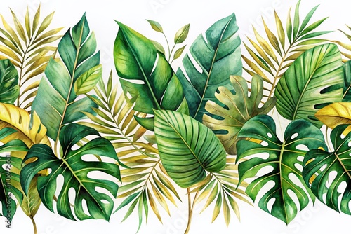 Lush Green and Golden Watercolor Tropical Leaves Border Illustration for Elegant Designs in Various Applications