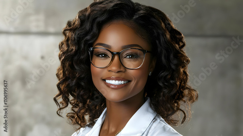 Woman Smiles, Wearing Glass...