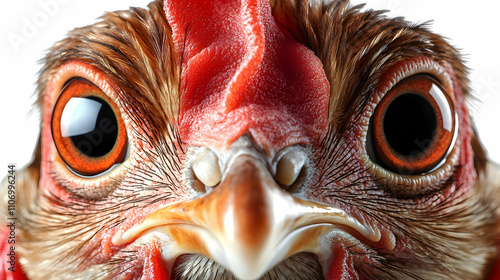 Close-Up: Chicken Eyes, Feathers, and Beak; Detailed Poultry Anatomy