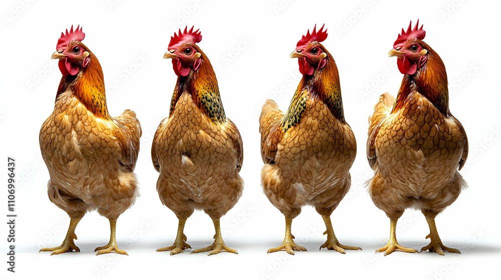 Fototapeta premium Four Brown Hens Stand in a Row, Feathered Beauty, Poultry Farm Animals