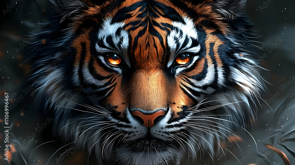 Naklejka premium Majestic Tiger: Fierce Gaze, Orange Stripes, Wildlife Beauty