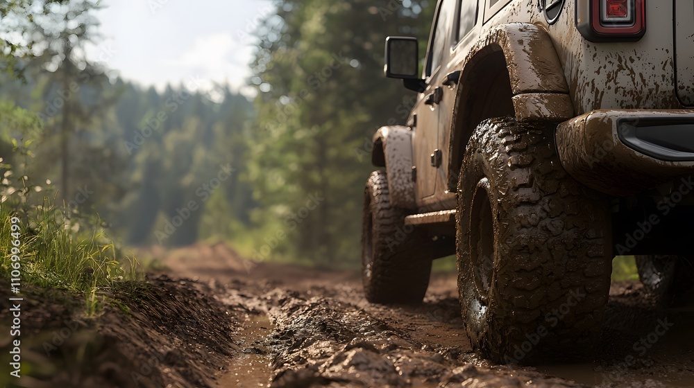 Fototapeta premium Close-Up of a Mud-Splattered 4x4 Truck Navigating a Rustic Trail Surrounded by Lush Greenery and Sunlit Forest Backdrop Highlighting Adventure and Off-Roading Spirit