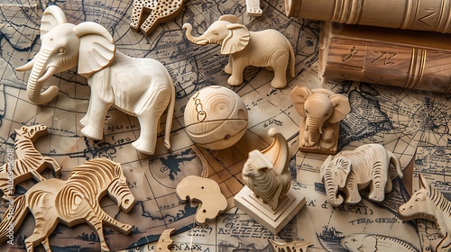 Wooden animal toys with detailed engravings set against background of vintage maps and old books