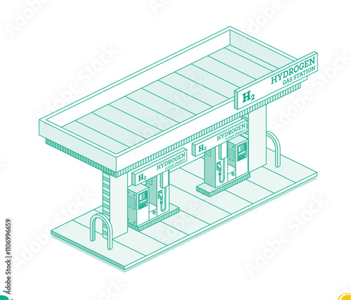 Hydrogen fuel filling station h2. Isometric outline concept. Object isolated on white background. Clean ecology energy.