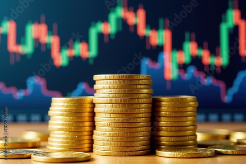 Gold coins stacked in front of digital financial trading chart display with candlesticks.