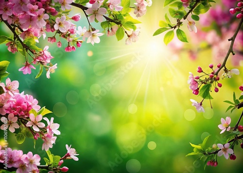 Lush Green Spring Tree Pattern with Vibrant Blooms and Copy Space for Seasonal Designs and Nature Themes, Perfect for Backgrounds and Textures in Digital Art Projects