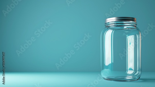 A realistic 3D rendering of a glass jar with a metal lid, set against a solid blue background.