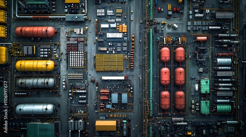 Aerial View of Fuel Distribution Center with Tanks, Containers, and Pipelines in a Complex Industrial Environment Showcasing Efficient Supply Chain Operations photo