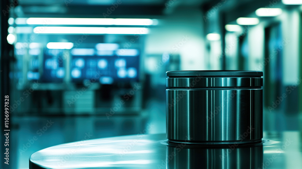 Close-up of a metallic nuclear payload container with a blurred control room background, emphasizing security, precision, and high-tech nuclear operations. Close-up of a metallic nuclear payload container with a blurred control room background, emphasizing security, precision, and high-tech nuclear operations.