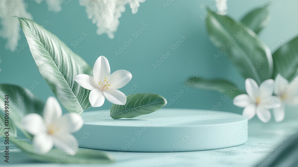 Floral arrangement with leaves and blossoms on a pastel blue surface Floral arrangement with leaves and blossoms on a pastel blue surface
